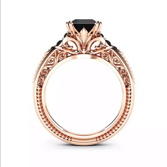 New Rose Gold 925 Sterling Silver Black Princess Cut Zircon Ring - Picture 3 of 5